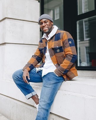 Charcoal Beanie Outfits For Men: A multi colored check wool shirt jacket and a charcoal beanie are a nice go-to pairing to keep in your casual closet. A trendy pair of white canvas low top sneakers is the simplest way to transform this outfit.