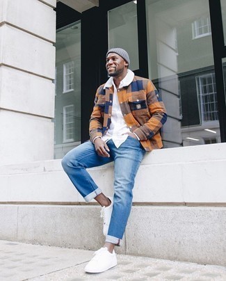 Charcoal Beanie Outfits For Men: A multi colored check wool shirt jacket and a charcoal beanie are a wonderful look to integrate into your day-to-day routine. And if you need to immediately rev up this getup with one item, add white canvas low top sneakers to the equation.