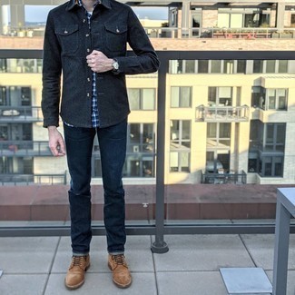 Charcoal Wool Shirt Jacket Outfits For Men: Effortlessly blurring the line between cool and casual, this combo of a charcoal wool shirt jacket and navy jeans can easily become your favorite. Tan suede casual boots integrate seamlessly within a great deal of combos.