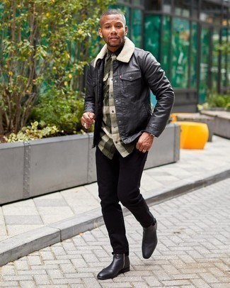 Black Leather Shirt Jacket Outfits For Men: If you prefer casual style, why not opt for this combo of a black leather shirt jacket and black jeans? And if you want to effortlessly perk up your outfit with one single piece, complete this outfit with a pair of black leather chelsea boots.