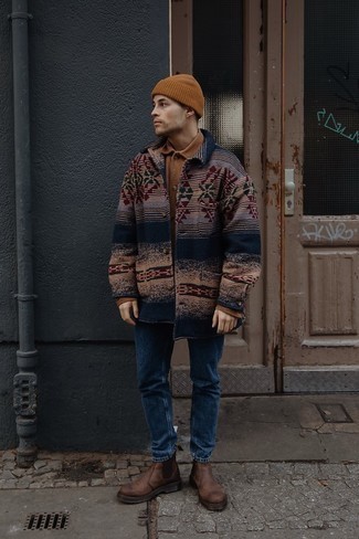 Tobacco Beanie Outfits For Men: If it's comfort and practicality that you appreciate in an outfit, try teaming a navy print shirt jacket with a tobacco beanie. Add a pair of dark brown leather chelsea boots to the mix for an extra touch of sophistication.