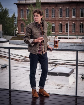 Tobacco Shirt Jacket Outfits For Men: You'll be surprised at how super easy it is for any gentleman to pull together this casual outfit. Just a tobacco shirt jacket married with navy jeans. Let your sartorial expertise truly shine by rounding off with a pair of brown suede desert boots.