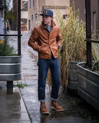 Tobacco Leather Shirt Jacket Outfits For Men: Why not dress in a tobacco leather shirt jacket and navy jeans? As well as very practical, these items look great when teamed together. Let your sartorial skills really shine by rounding off this getup with a pair of brown suede casual boots.