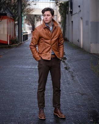 Tobacco Leather Shirt Jacket Outfits For Men: To don a casual ensemble with a clear fashion twist, try teaming a tobacco leather shirt jacket with dark brown jeans. A pair of dark brown leather casual boots finishes this ensemble very nicely.