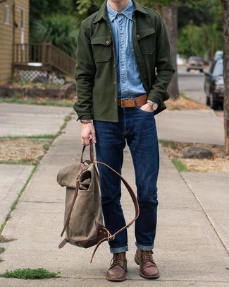 Men's Olive Flannel Shirt Jacket, Light Blue Chambray Long Sleeve Shirt, Navy Jeans, Dark Brown Leather Casual Boots