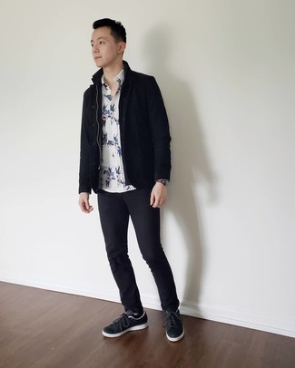 Black Shirt Jacket Outfits For Men: A black shirt jacket and black jeans are essential in any modern man's well-balanced casual collection. Round off with a pair of black canvas low top sneakers to upgrade your ensemble.