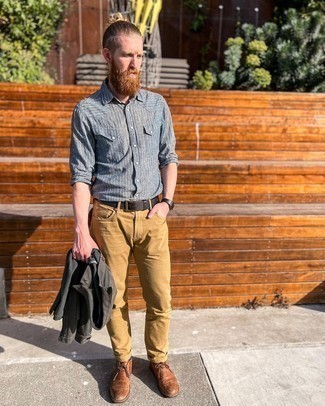 Brown Leather Desert Boots Outfits: This combo of a charcoal shirt jacket and khaki jeans looks put together and makes you look infinitely cooler. Our favorite of an endless number of ways to finish off this getup is with a pair of brown leather desert boots.