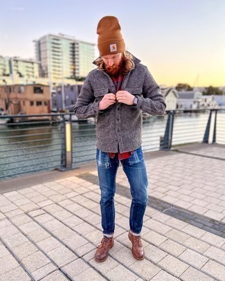 Grey Wool Shirt Jacket Outfits For Men: For a casual look, dress in a grey wool shirt jacket and navy embroidered jeans — these items play nicely together. Brown leather casual boots will give a dose of sophistication to an otherwise standard look.