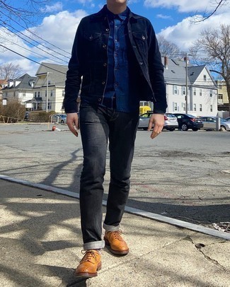 Tobacco Leather Brogues Outfits: This pairing of a navy corduroy shirt jacket and charcoal jeans is definitive proof that a safe casual outfit can still look truly stylish. To give your look a smarter spin, why not complement your outfit with tobacco leather brogues?
