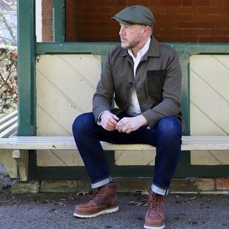 Olive Flat Cap Outfits For Men: A charcoal shirt jacket and an olive flat cap are a cool go-to pairing to have in your casual collection. Wondering how to finish off your ensemble? Wear a pair of brown leather casual boots to class it up.