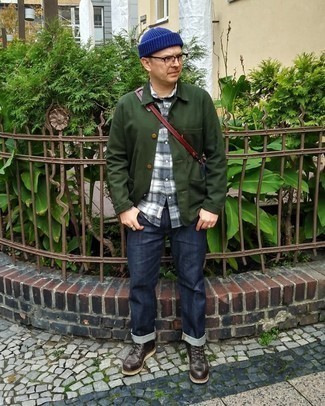 Casual Boots Outfits For Men: If the situation permits an off-duty ensemble, you can easily dress in a dark green shirt jacket and navy jeans. Casual boots work wonderfully well here.
