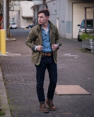 Tobacco Leather Casual Boots Smart Casual Outfits For Men: If you feel more confident in comfortable clothes, you'll like this dapper combination of an olive shirt jacket and navy jeans. Tobacco leather casual boots look perfect here.