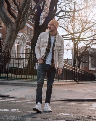 Beige Beanie Outfits For Men: Who said you can't make a stylish statement with a contemporary ensemble? Turn every head in the room in a beige fleece shirt jacket and a beige beanie. A pair of white canvas high top sneakers is a smart idea to round off this look.