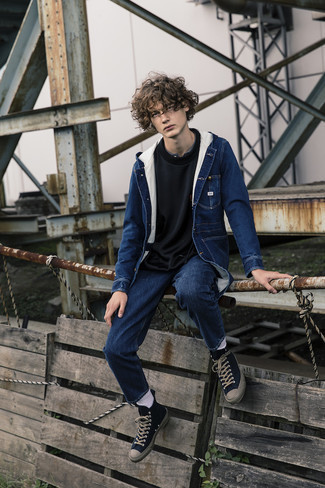 Navy Canvas High Top Sneakers Outfits For Men: A navy denim shirt jacket and navy jeans are the kind of a never-failing off-duty look that you need when you have no extra time. A pair of navy canvas high top sneakers immediately boosts the appeal of this outfit.