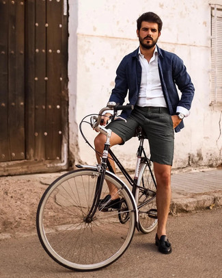 White Long Sleeve Shirt Outfits For Men: The combination of a white long sleeve shirt and charcoal shorts makes this a solid casual outfit. Make a bit more effort with shoes and enter a pair of black leather tassel loafers into the equation.