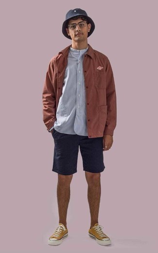 Men's Brown Shirt Jacket, White and Blue Vertical Striped Long Sleeve Shirt, Navy Shorts, Mustard Canvas Low Top Sneakers