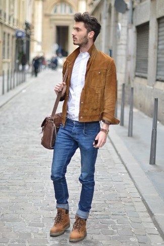 Men's Brown Suede Shirt Jacket, White Long Sleeve Shirt, Blue Skinny Jeans, Brown Leather Casual Boots