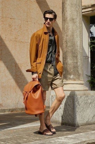 Tan Shorts Outfits For Men: Indisputable proof that a tobacco shirt jacket and tan shorts look awesome when married together in a casual ensemble. For a more casual aesthetic, why not complement this getup with brown leather sandals?