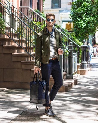 Navy and White Bandana Outfits For Men: An olive shirt jacket and a navy and white bandana are a bold casual combo that every modern man should have in his casual collection. Not sure how to complete your look? Rock charcoal suede low top sneakers to amp up the wow factor.