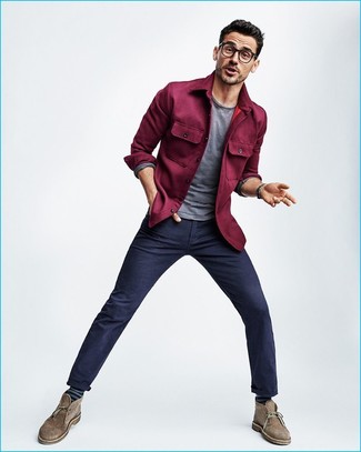 Brown Suede Desert Boots Outfits: Such items as a purple shirt jacket and navy chinos are an easy way to introduce a dose of rugged elegance into your day-to-day lineup. Brown suede desert boots round off this ensemble very nicely.