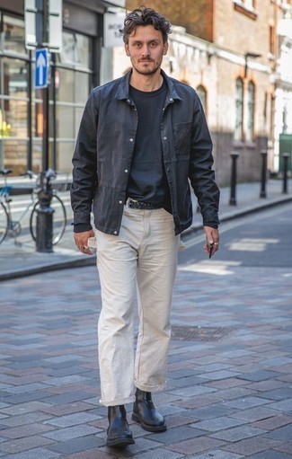 Navy Shirt Jacket Warm Weather Outfits For Men: A navy shirt jacket and white chinos are an easy way to introduce a dash of manly elegance into your current styling repertoire. For a dressier take, why not add a pair of black leather chelsea boots to the mix?