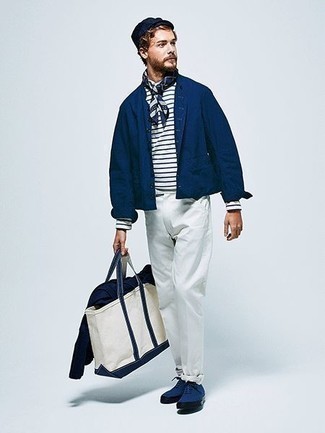 Blue Canvas Low Top Sneakers Outfits For Men: For an ensemble that's effortlessly elegant and GQ-worthy, wear a navy shirt jacket with white chinos. Add a pair of blue canvas low top sneakers to this look to keep the outfit fresh.