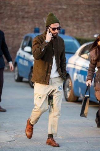Khaki Print Chinos Outfits: A dark brown shirt jacket and khaki print chinos are the kind of a foolproof off-duty combo that you so awfully need when you have no extra time. Tobacco leather derby shoes will take your getup in a dressier direction.