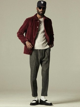 Red Corduroy Shirt Jacket Outfits For Men: So as you can see, looking seriously stylish doesn't take that much effort. Pair a red corduroy shirt jacket with charcoal wool chinos and be sure you'll look awesome. Feeling brave? Dress up this look by wearing a pair of black and white leather loafers.