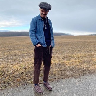 Herringbone Flat Cap Outfits For Men: To achieve an off-duty look with an edgy take, reach for a blue denim shirt jacket and a herringbone flat cap. Dark brown leather derby shoes will infuse an extra touch of elegance into an otherwise standard ensemble.