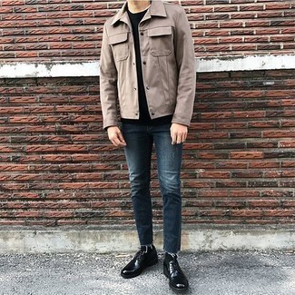 Men's Tan Shirt Jacket, Black Long Sleeve T-Shirt, Navy Ripped Jeans, Black Leather Derby Shoes