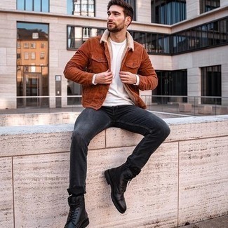 Men's Tobacco Corduroy Shirt Jacket, White Long Sleeve T-Shirt, Navy Jeans, Black Leather Casual Boots