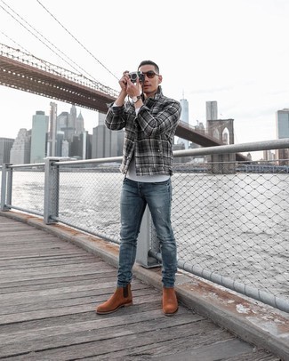 Grey Shirt Jacket Outfits For Men: A grey shirt jacket and blue ripped jeans worn together are a good match. For something more on the sophisticated end to finish off your ensemble, complement your ensemble with a pair of tobacco suede chelsea boots.