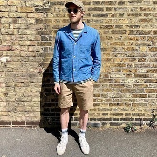Blue Denim Shirt Jacket Outfits For Men: Why not try teaming a blue denim shirt jacket with tan shorts? As well as very practical, both of these items look amazing worn together. Introduce white canvas high top sneakers to your outfit to make a dressy getup feel suddenly fresh.