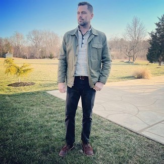Grey Mock-Neck Sweater Outfits: You'll be surprised at how easy it is for any man to put together this smart casual ensemble. Just a grey mock-neck sweater teamed with navy jeans. A pair of dark brown suede casual boots is a fail-safe footwear option here that's full of character.