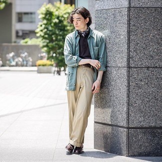 Dark Brown Leather Tassel Loafers Outfits: Dress in a mint shirt jacket and beige chinos to assemble an interesting and modern-looking ensemble. To add some extra zing to this look, complete this getup with a pair of dark brown leather tassel loafers.