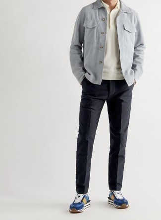 Grey Shirt Jacket Outfits For Men: As you can see here, it doesn't require that much effort for a man to look casually smart. Go for a grey shirt jacket and black chinos and be sure you'll look awesome. Ramp up this whole ensemble by rocking blue athletic shoes.