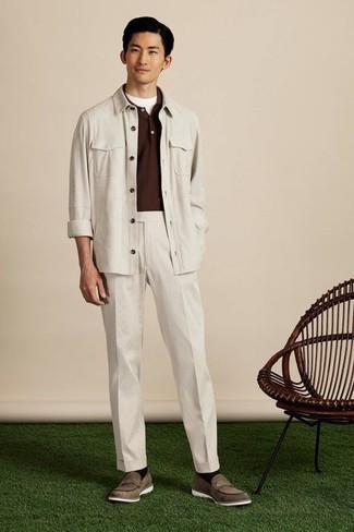 White Shirt Jacket Outfits For Men: A white shirt jacket and white dress pants are among the key pieces of a well-edited man's wardrobe. Let your outfit coordination skills really shine by finishing off your ensemble with a pair of brown suede loafers.