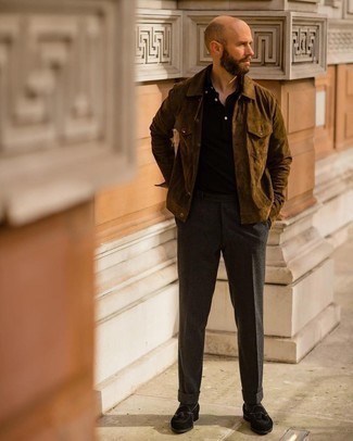 Charcoal Wool Dress Pants Outfits For Men: This sophisticated pairing of a brown suede shirt jacket and charcoal wool dress pants will be undeniable proof of your sartorial expertise. As for footwear, add black suede tassel loafers.