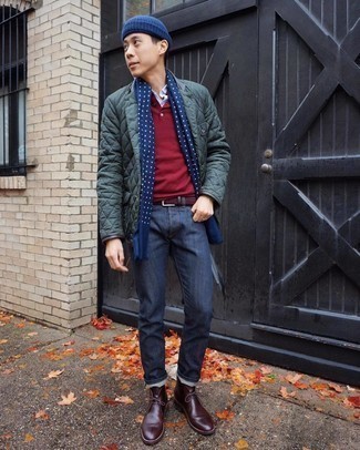 Burgundy Canvas Belt Outfits For Men: A dark green quilted shirt jacket and a burgundy canvas belt are the kind of casual must-haves that you can wear for years to come. Give an added touch of style to this outfit with a pair of burgundy leather desert boots.
