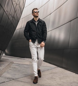 Dark Brown Suede Oxford Shoes Outfits: If you're seeking to take your off-duty fashion game to a new level, try pairing a black shirt jacket with white jeans. Complete your look with a pair of dark brown suede oxford shoes to instantly switch up the look.