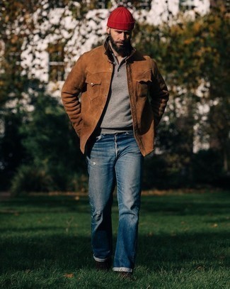 Navy Ripped Jeans Outfits For Men: If you prefer classic pairings, then you'll like this pairing of a brown suede shirt jacket and navy ripped jeans. Let your sartorial prowess truly shine by finishing off your getup with dark brown suede derby shoes.