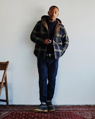Grey Socks Outfits For Men: Make a navy plaid flannel shirt jacket and grey socks your outfit choice for an easy-to-wear look. Black leather snow boots integrate seamlessly within a ton of combos.