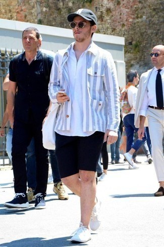 White Shirt Jacket Outfits For Men: You'll be surprised at how easy it is for any man to get dressed this way. Just a white shirt jacket paired with navy shorts. For times when this outfit appears too classic, play it down by slipping into a pair of white canvas low top sneakers.