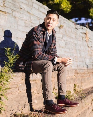 Burgundy Leather Derby Shoes Outfits: Combining a navy plaid shirt jacket with brown chinos is an on-point choice for a relaxed casual getup. Introduce burgundy leather derby shoes to the equation to instantly kick up the classy factor of any getup.