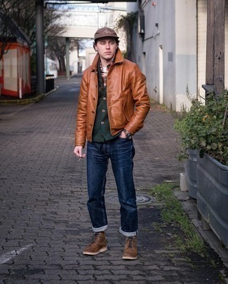 Tobacco Leather Shirt Jacket Outfits For Men: The perfect foundation for casual style? A tobacco leather shirt jacket with navy jeans. This ensemble is rounded off really well with brown leather casual boots.