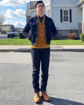 Mustard Cardigan Outfits For Men: If you enjoy the comfort look, wear a mustard cardigan and black jeans. Feeling transgressive today? Mix things up a bit by finishing off with tobacco leather brogues.