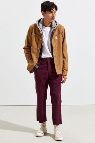 Violet Chinos Outfits: Combining a burgundy plaid flannel shirt jacket with violet chinos is a nice choice for a casually dapper outfit. To inject a dose of stylish effortlessness into your outfit, complete this ensemble with white canvas high top sneakers.