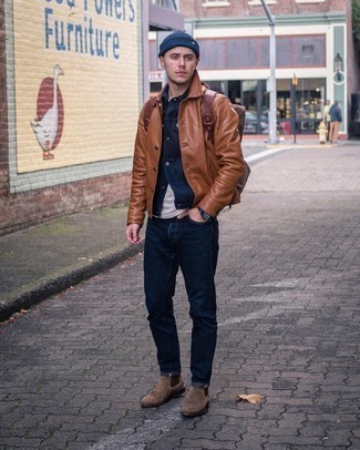 Brown Canvas Backpack Outfits For Men: A navy denim shirt jacket and a brown canvas backpack are perfect as an ensemble for dress-down days. To give your overall getup a more elegant vibe, why not add dark brown suede chelsea boots to the equation?