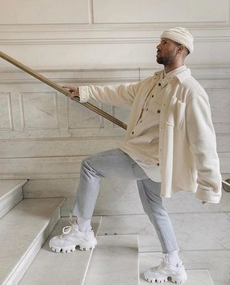 White Fleece Shirt Jacket Outfits For Men: For an outfit that's truly GQ-worthy, go for a white fleece shirt jacket and a white fleece shirt jacket. You can get a bit experimental in the footwear department and tone down your look by slipping into white athletic shoes.