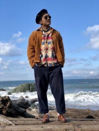 Tobacco Leather Desert Boots Outfits: A multi colored print shirt jacket and navy chinos teamed together are a perfect match. When not sure as to what to wear in the shoe department, complete this outfit with a pair of tobacco leather desert boots.